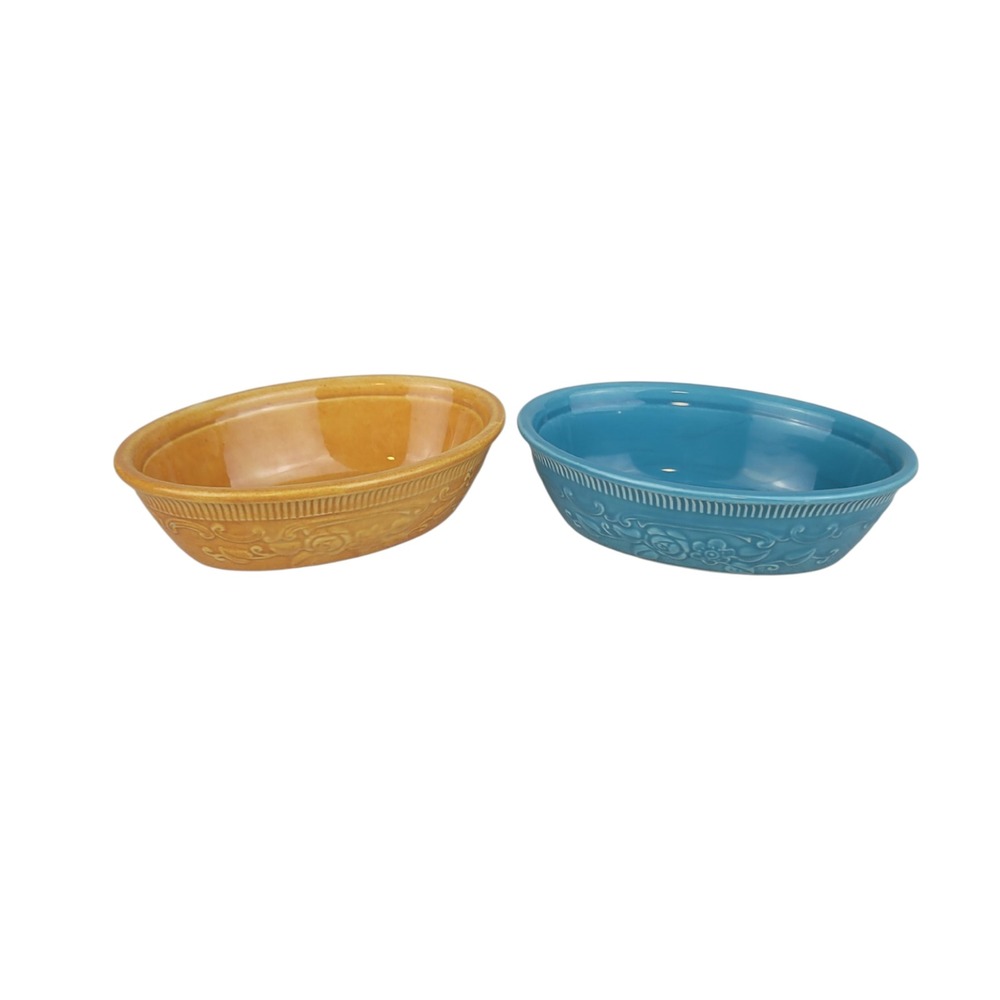 Vintage Homer‎ Laughlin Oven Serve Oval Casserole Dishes Blue Yellow Set of 2